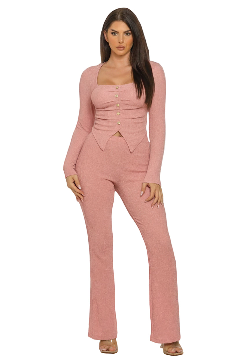 Pleated Decorative Buttons Slit Top And Pants Set