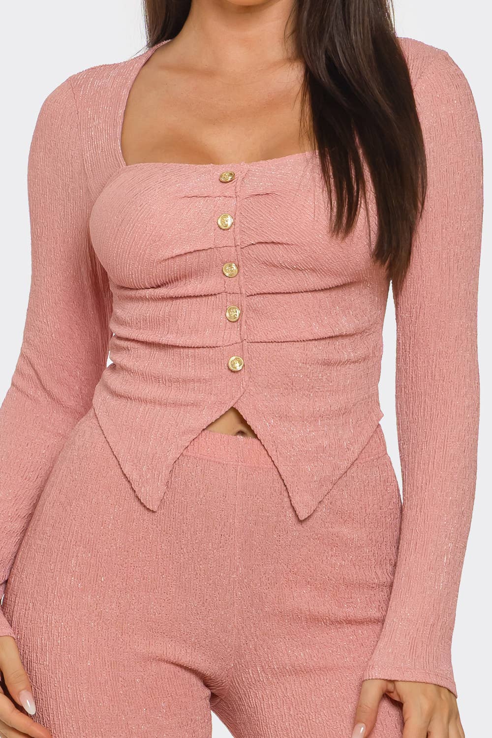 Pleated Decorative Buttons Slit Top And Pants Set