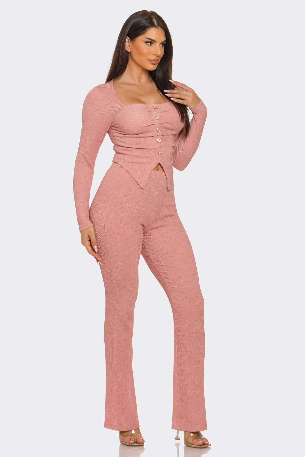 Pleated Decorative Buttons Slit Top And Pants Set